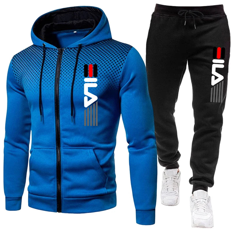 Mens Zipper Hoodie Tracksuit Set With Joggers Autumn Winter Sportswear