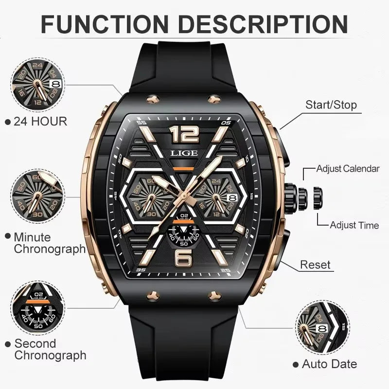 LIGE Men Waterproof Quartz Watch Silicone Band Luminous Dial 50mm Case