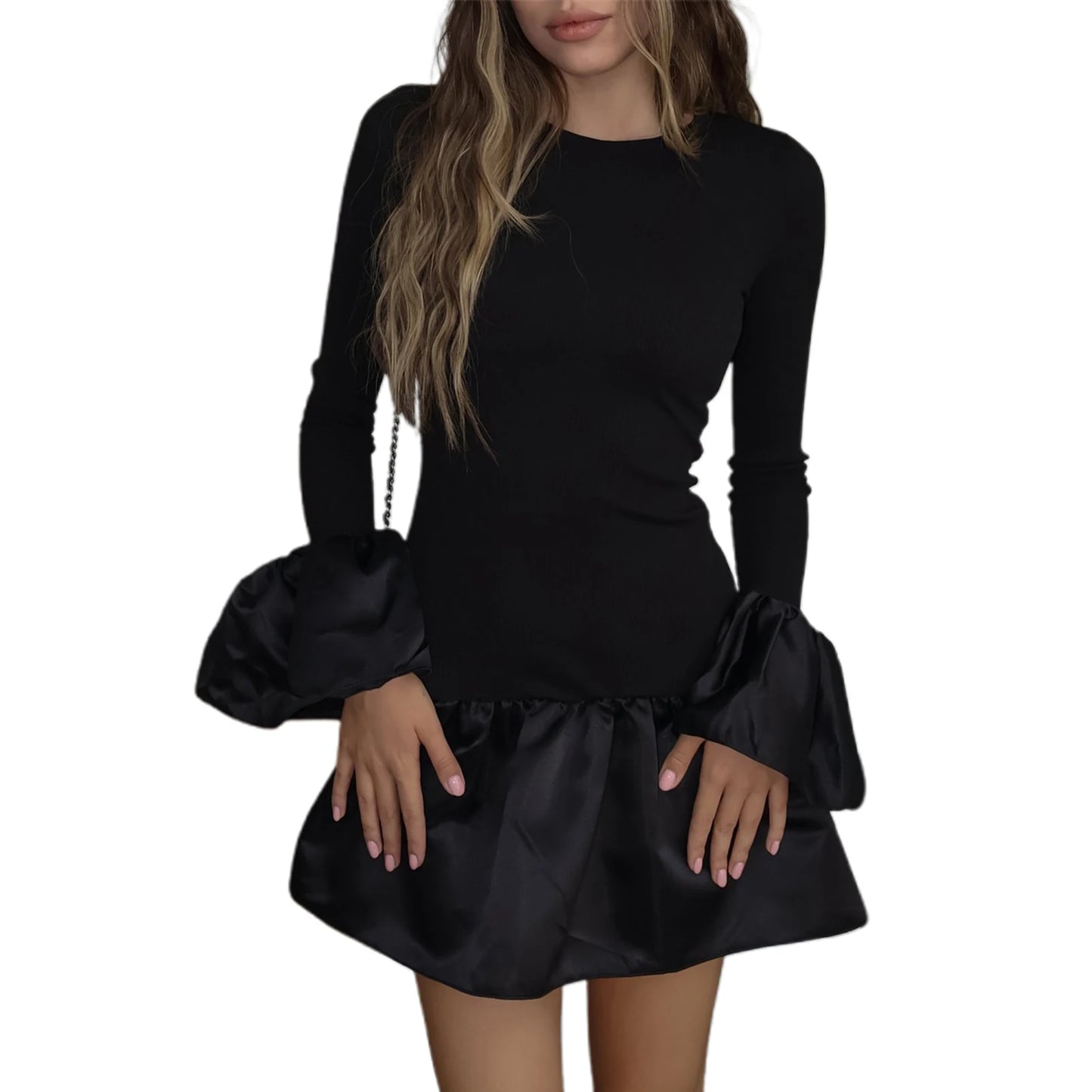 Elegant Velvet Dress for Women Long Sleeve with Ruffles Hem