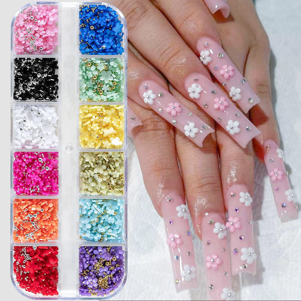 12Grids Colorful Acrylic Flower Nail Charms 1000 Mini Resin