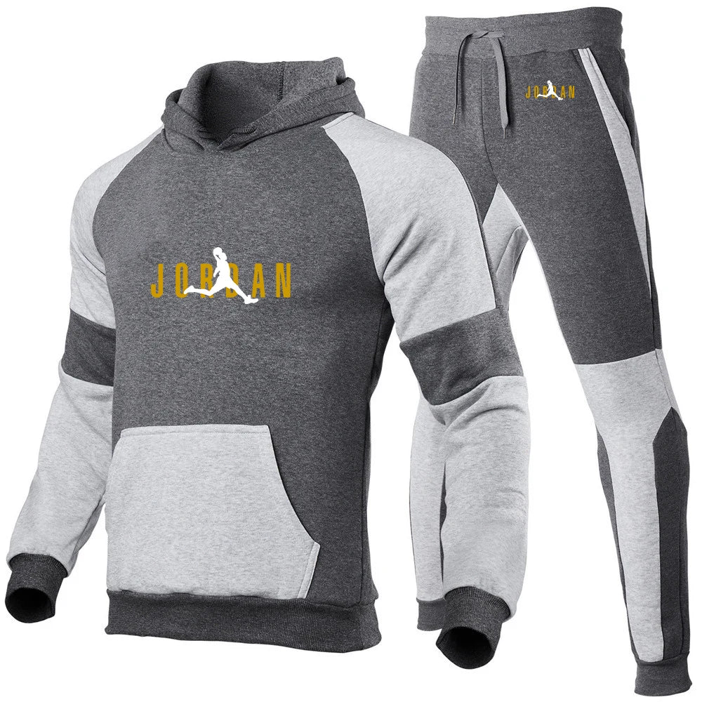 Men's Patchwork Print Basketball Hoodie And Trouser Set Spring Autumn Harajuku
