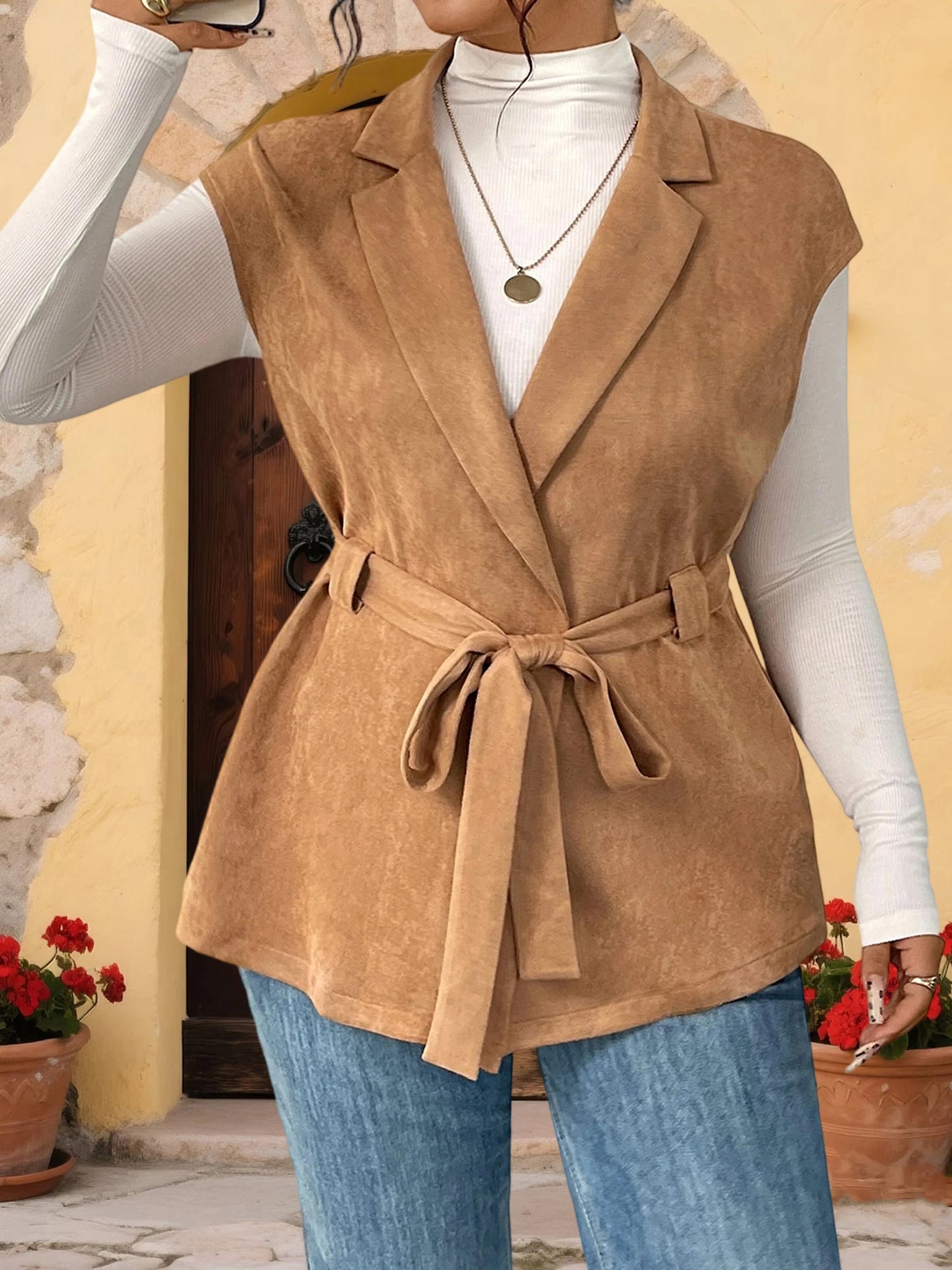 Women Plus Size Sleeveless Vest Belted Lapel Outerwear