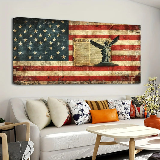 1.5 inch thick pine solid wood frame, American mural, vintage American flag canvas printed mural, interior trim