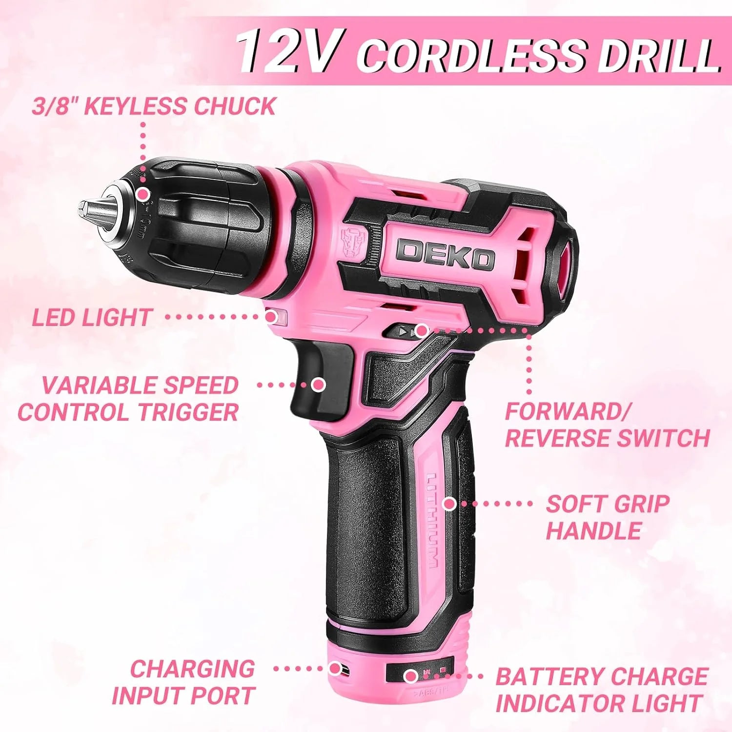 DEKO 12V Cordless Drill Home Mechanic Toolbox Set With Drawer Case