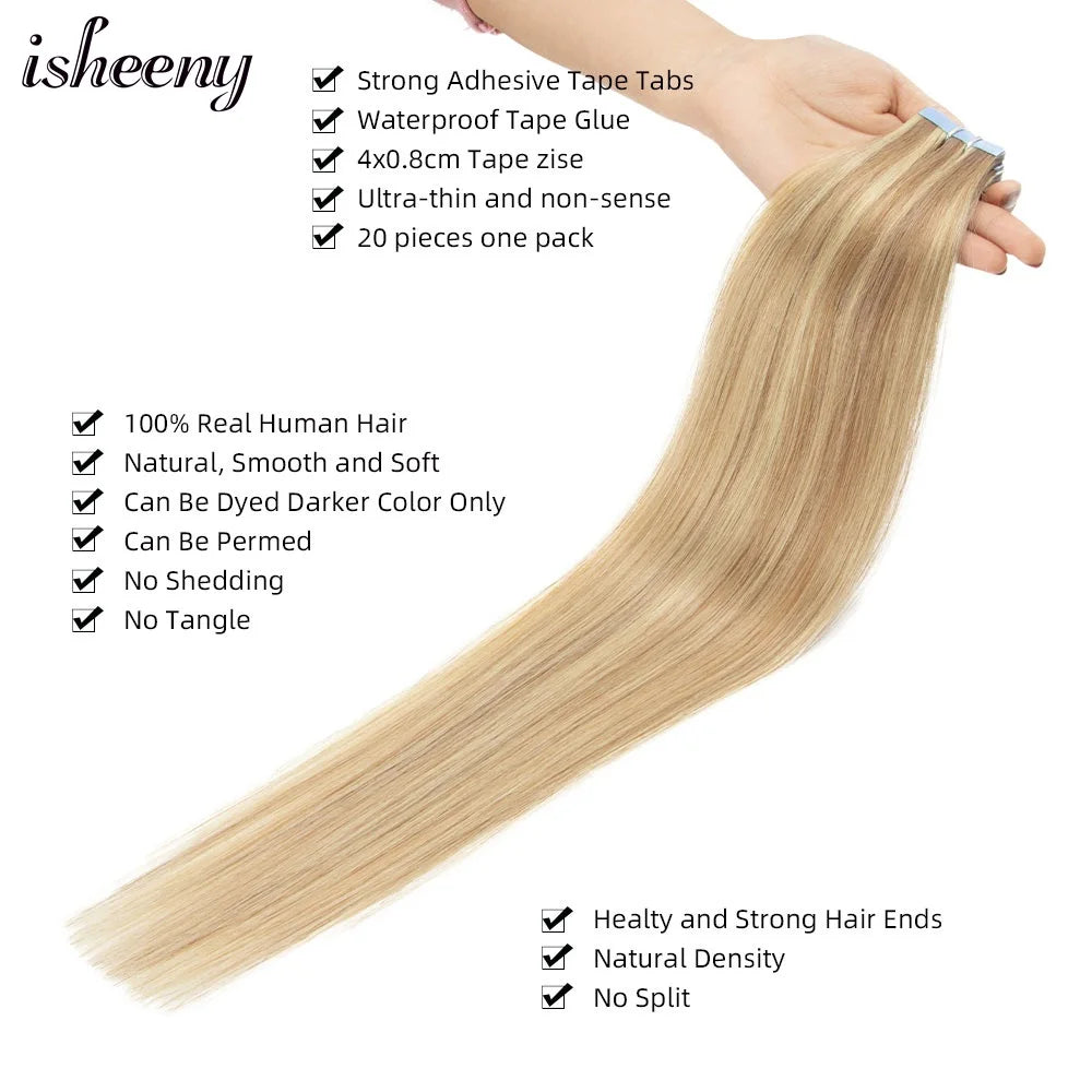 Isheeny Tape In Hair Extensions Non Remy 12 To 24 Inch Natural Blonde Skin Weft