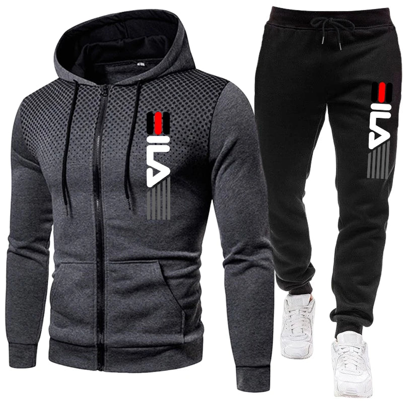 Mens Zipper Hoodie Tracksuit Set With Joggers Autumn Winter Sportswear