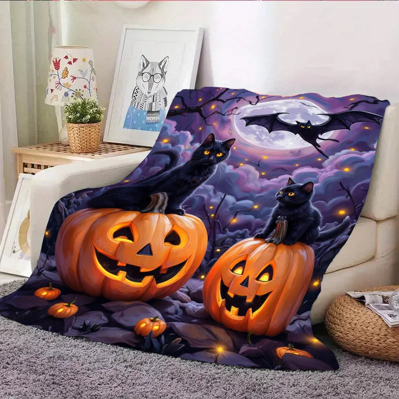 Halloween Pumpkin Cats And Bat Cozy Flannel Baby Blanket