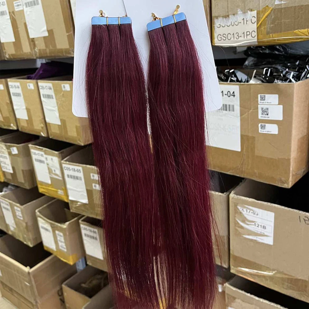99J Invisible Tape in Human Hair Extensions Burgundy Straight Hair for Women