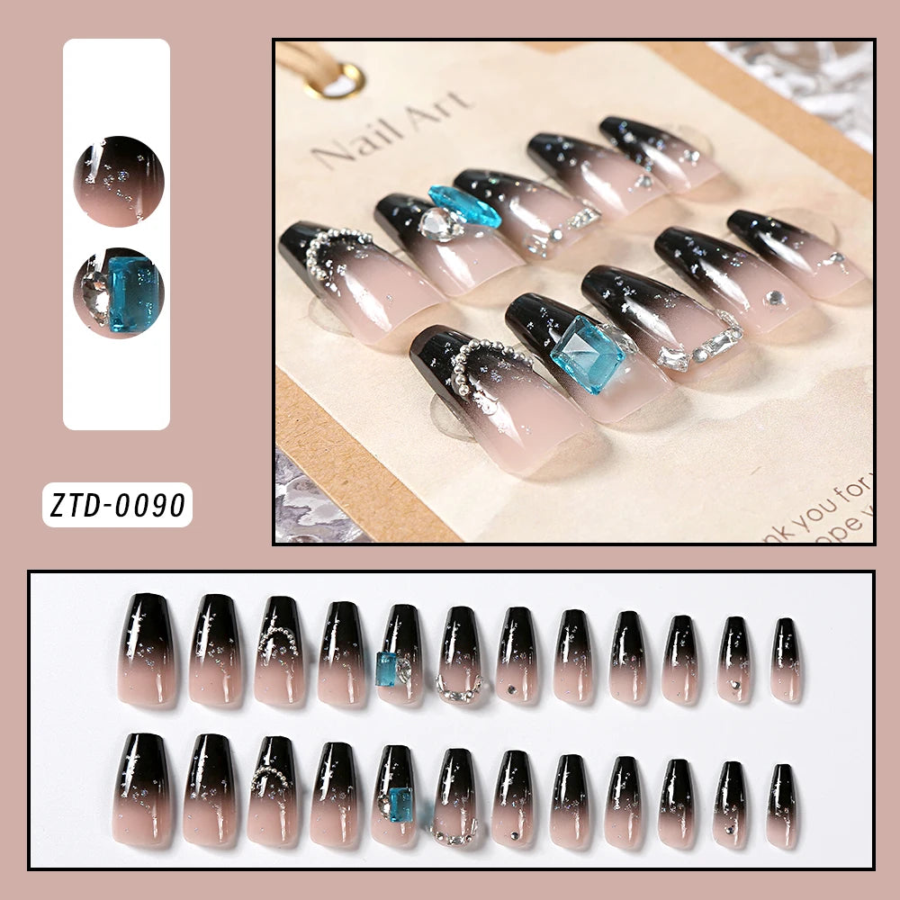 24Pcs Black Glossy Halloween Almond Fake Nails Gradient French Cool Press On Nails Rose/Heart/Skull Acrylic Wearable False Nails
