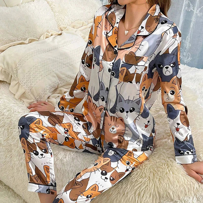 Women Satin Pajama Set Long Sleeve Button Up Nightwear Loungewear