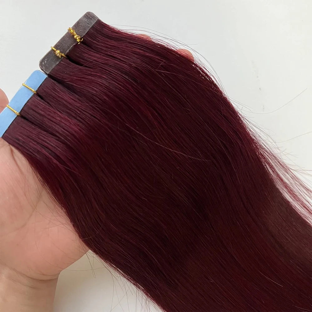 99J Invisible Tape in Human Hair Extensions Burgundy Straight Hair for Women