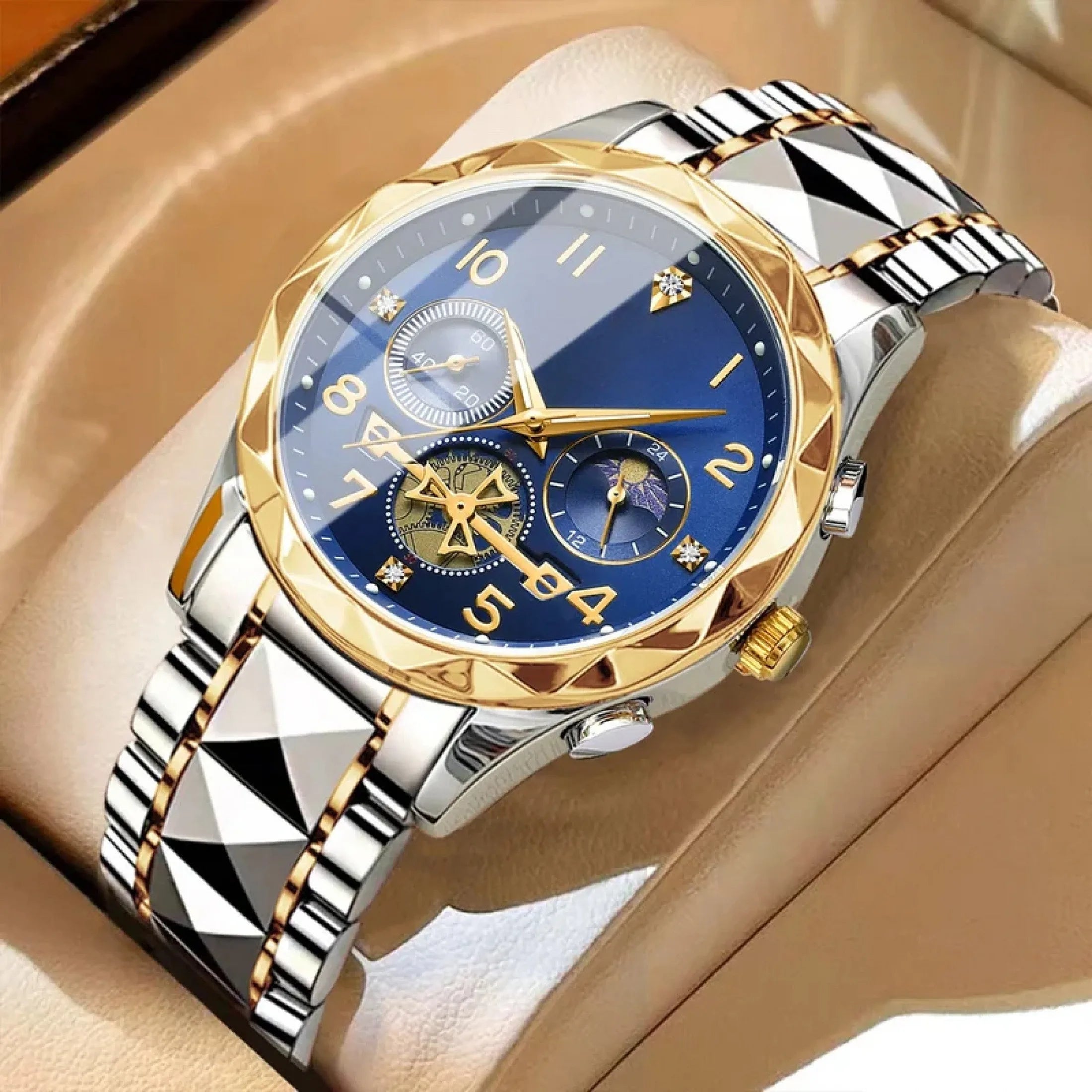Luxury Mens Sport Leather Quartz Watch Waterproof Luminous Chronograph With Box