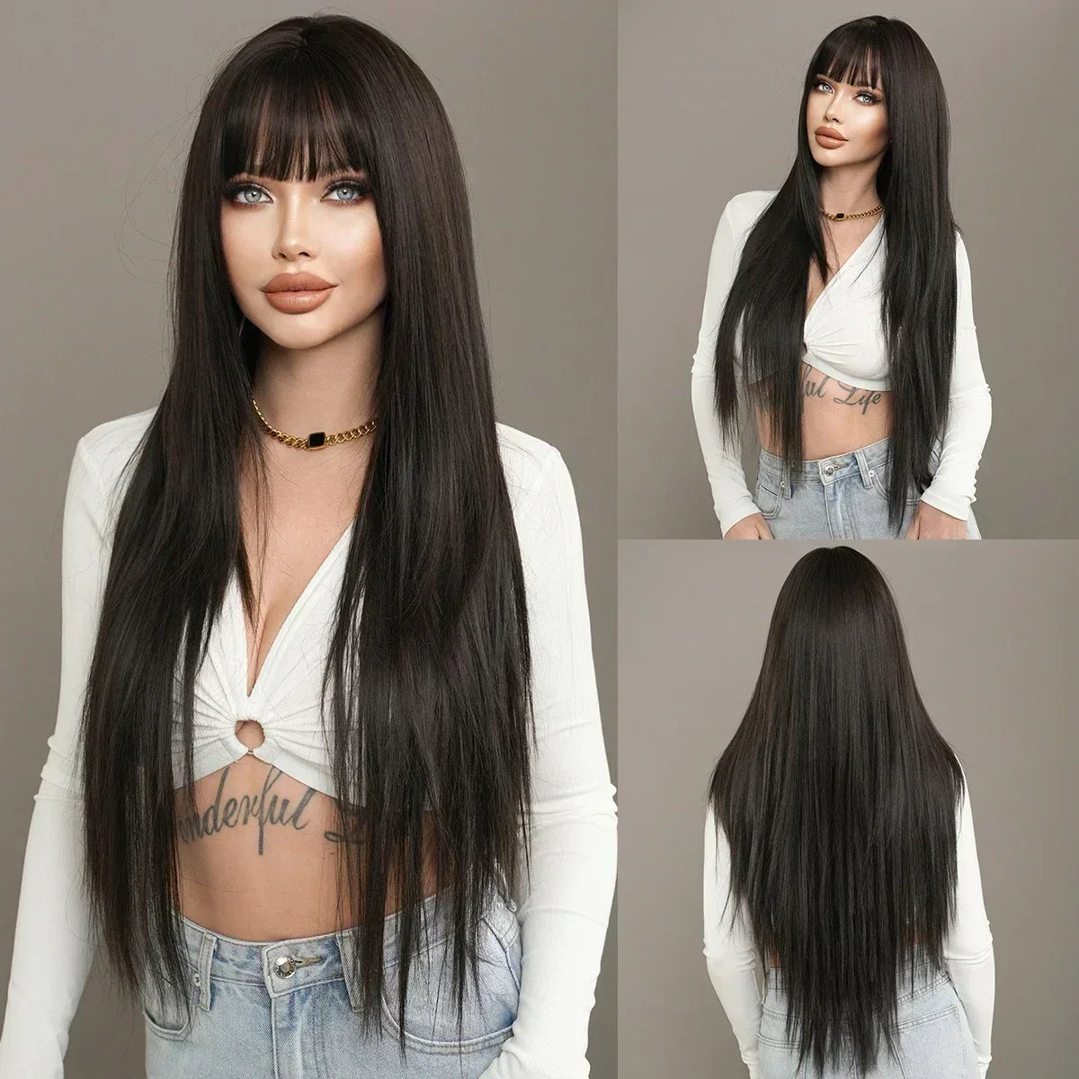 NAMM Synthetic Long Straight Blonde Wig Dark Roots Bangs 26 Inch 150 Density