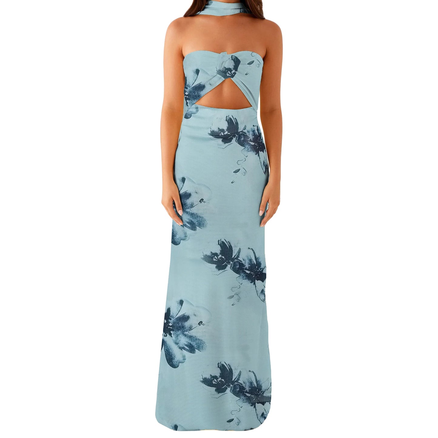 Womens Floral Bandeau Maxi Dress With Cutout And Scarf