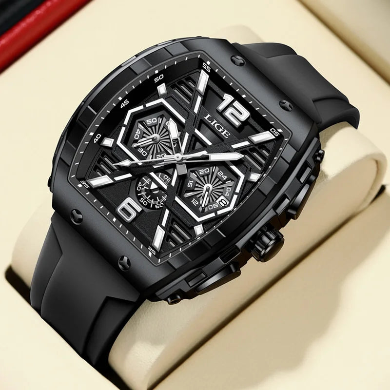 LIGE Men Waterproof Quartz Watch Silicone Band Luminous Dial 50mm Case