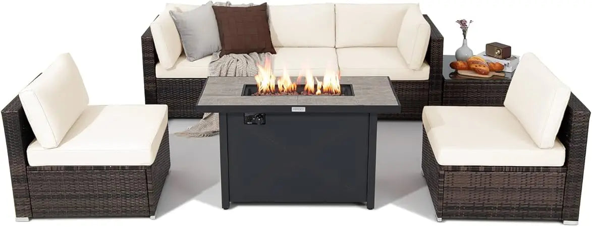 7 Piece Patio Set With Fire Pit Table 42 Inch 60,000 BTU Propane
