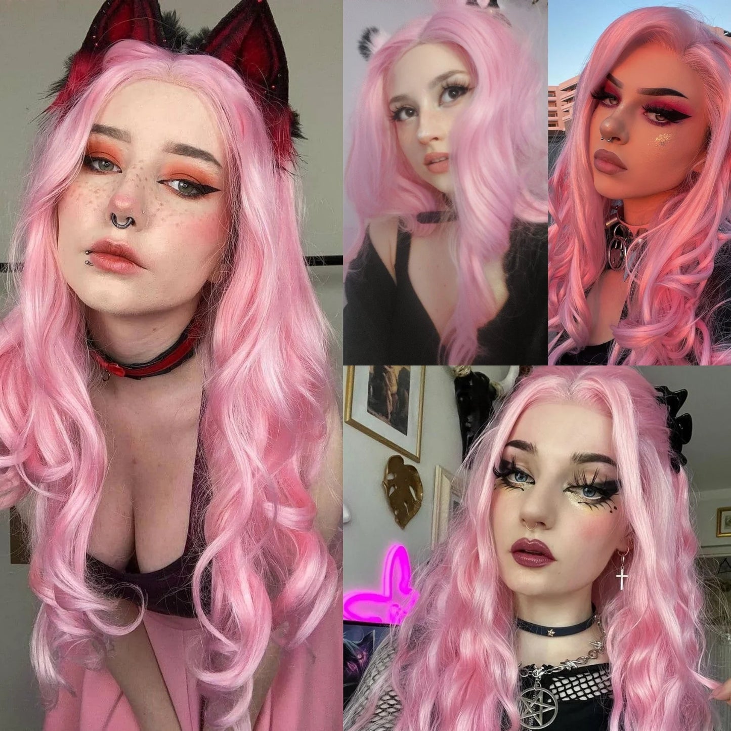 Long Pink Wavy Wig For Women Synthetic Hair Free Part Body Wave Daily Cosplay