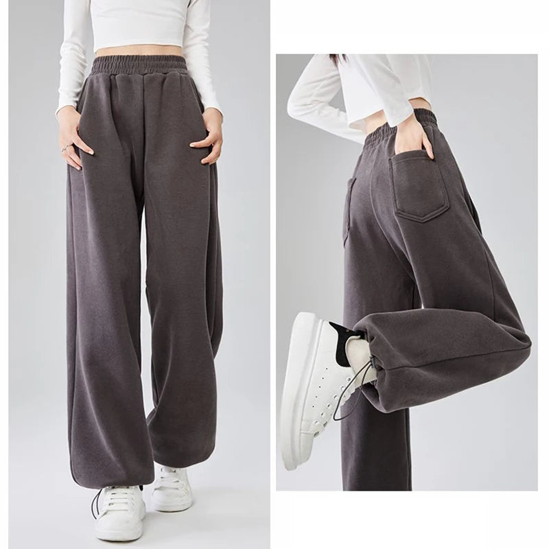 Girls High Waist Trousers Drawstring Baggy Straight Leg