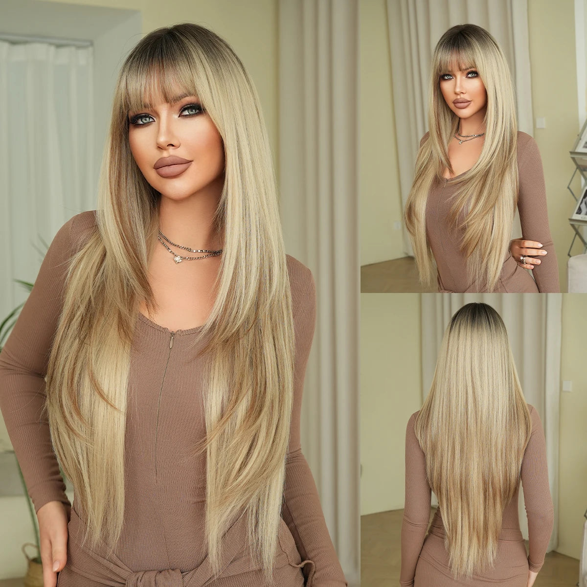 NAMM Synthetic Long Straight Blonde Wig Dark Roots Bangs 26 Inch 150 Density