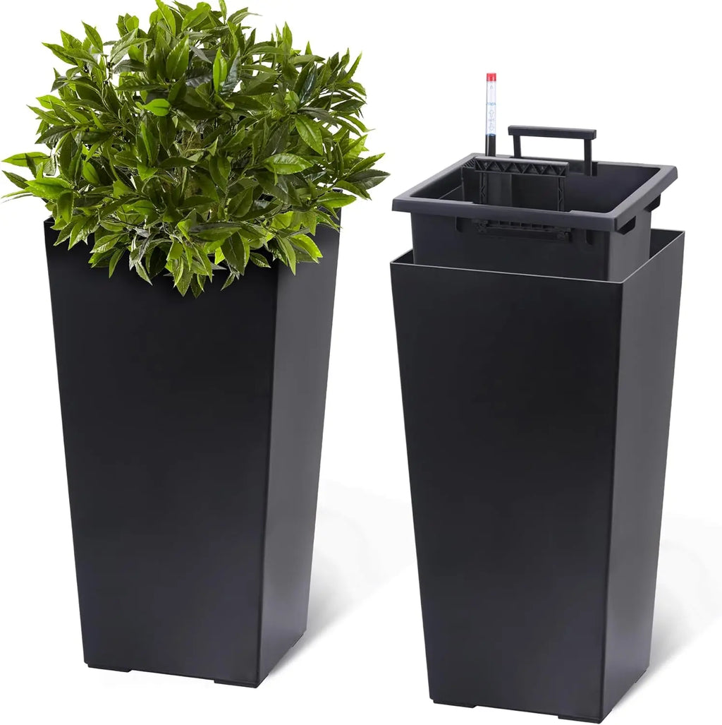 Two Pack 22.4 Inch Tall Black Taper Planters Indoor Outdoor Shelf Insert