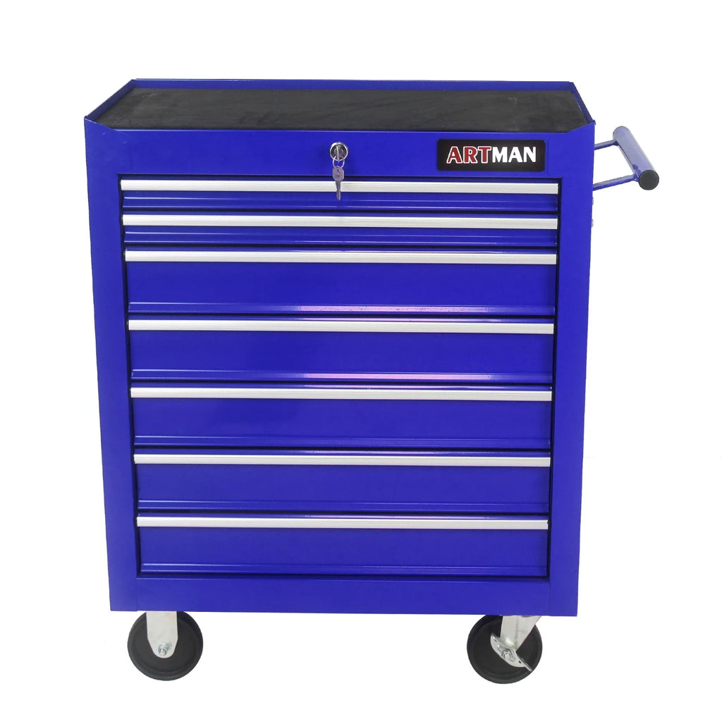 ARTMAN 7 Drawer Rolling Tool Cabinet With Key Lock Blue For Garage Workshop