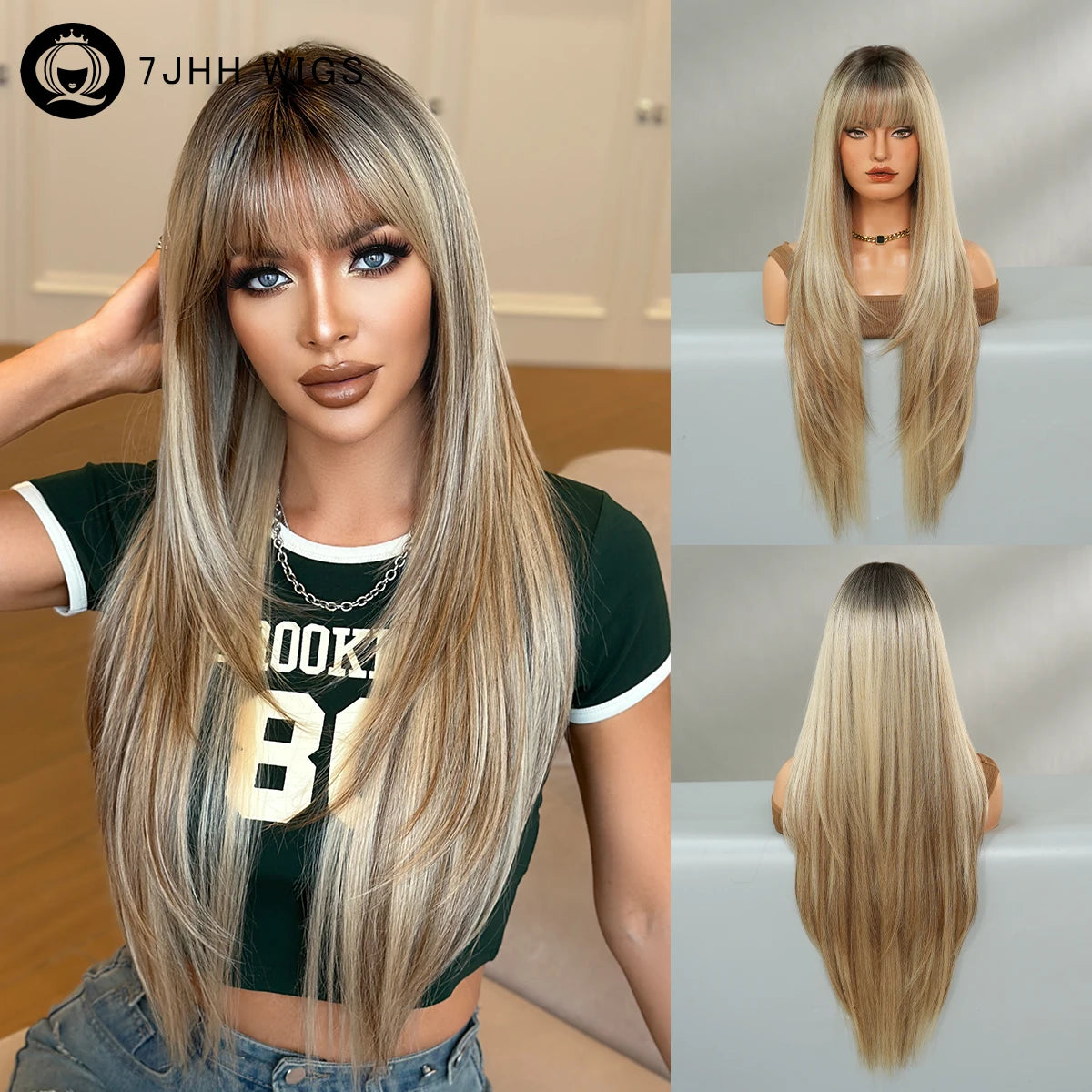 Long Straight Blonde Wig 150 Density Average Cap Size Dark Roots Heat Resistant