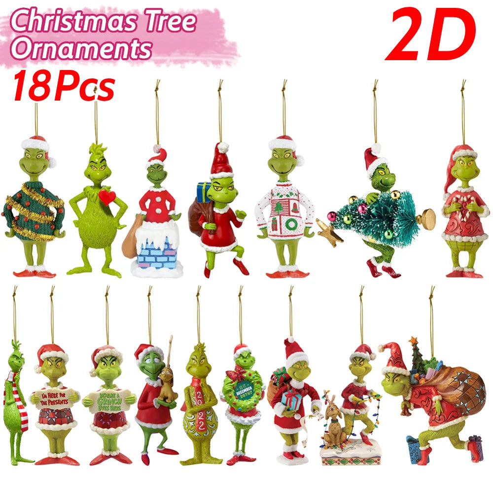 18Pcs 2D Acrylic Green Monster Christmas Tree Ornaments Cute Cartoon Pendants Decorations