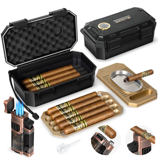 Portable Travel Cigar Humidor Set with Torch Lighter Ashtray Holder Humidifier and Hygrometer Cigar Accessories for Men Gift