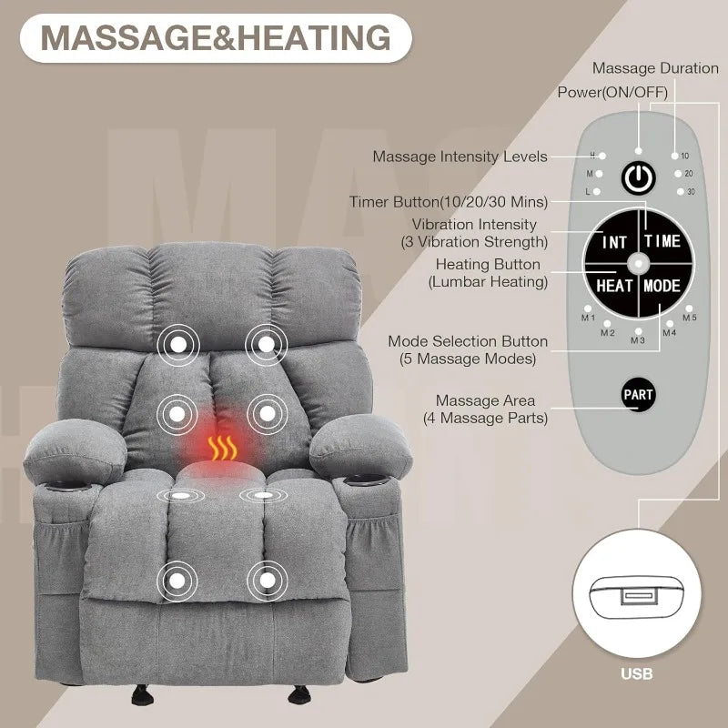 Overstuffed Rocker Recliner Chair With Heat And Vibration Ergonomic Living Room