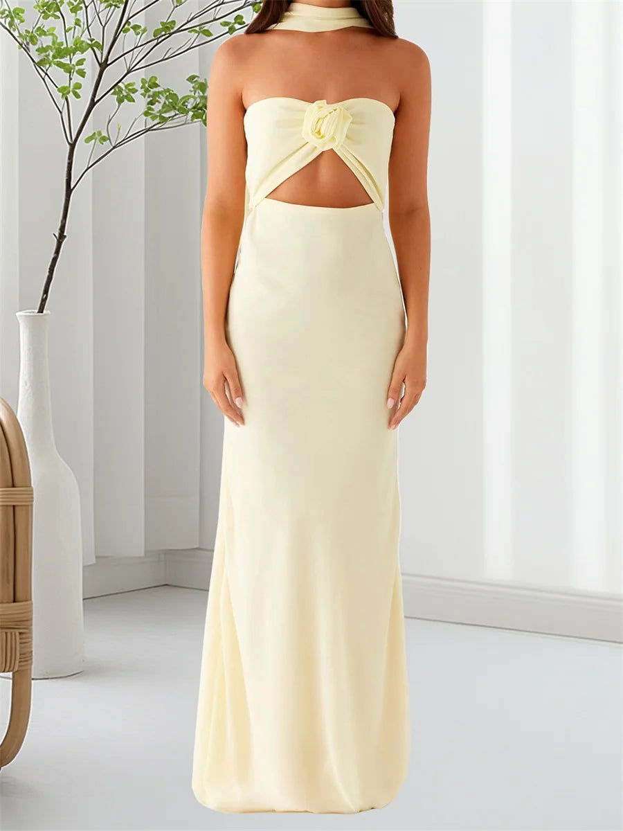 Womens Floral Bandeau Maxi Dress With Cutout And Scarf