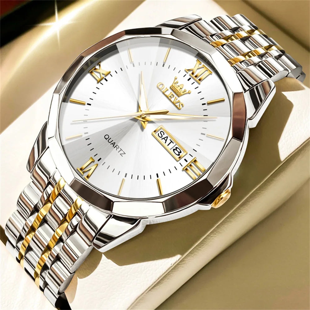 OLEVS Mens Quartz Watch Waterproof Stainless Steel Luminous Dial Date Week Dress