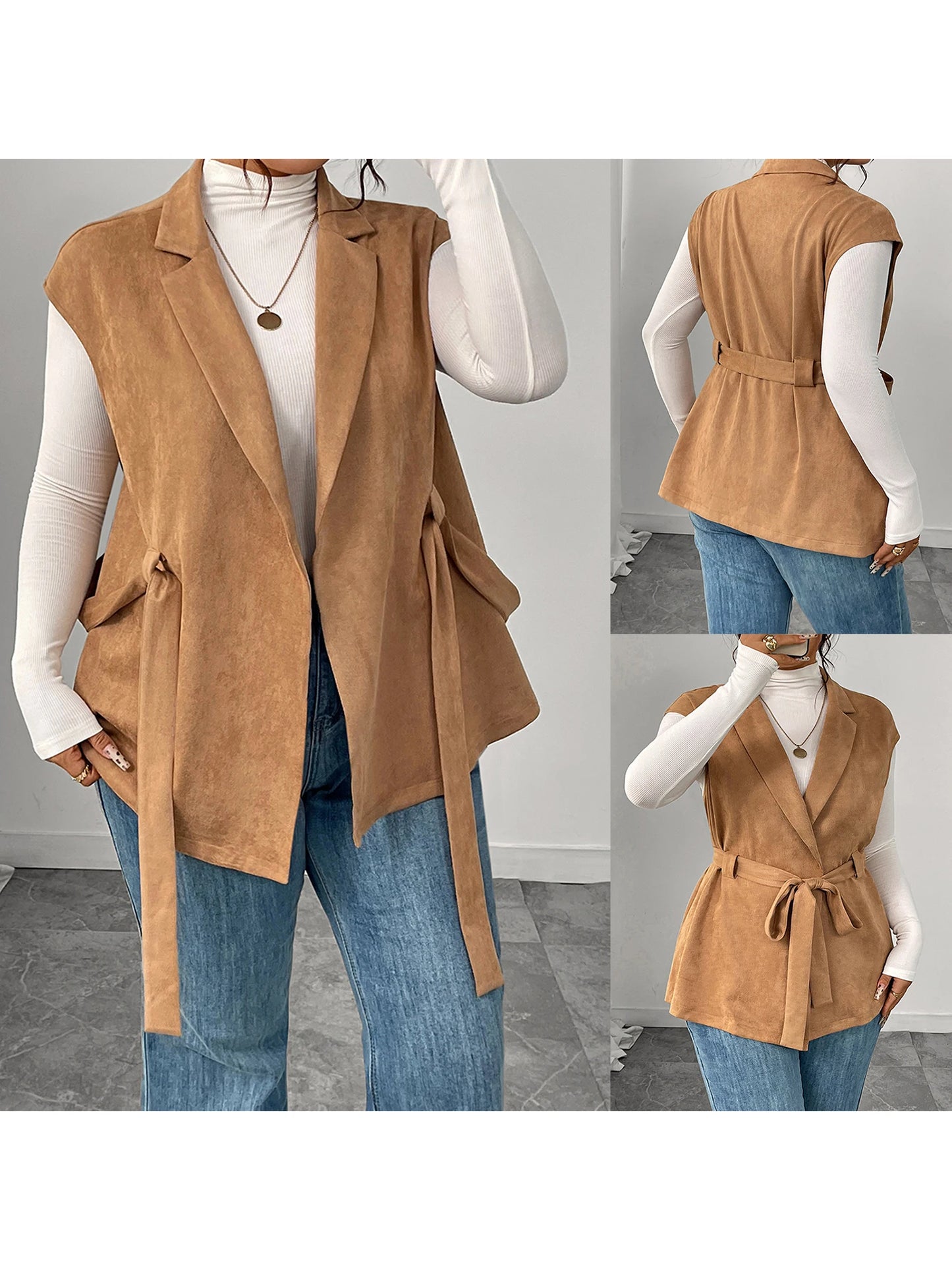 Women Plus Size Sleeveless Vest Belted Lapel Outerwear