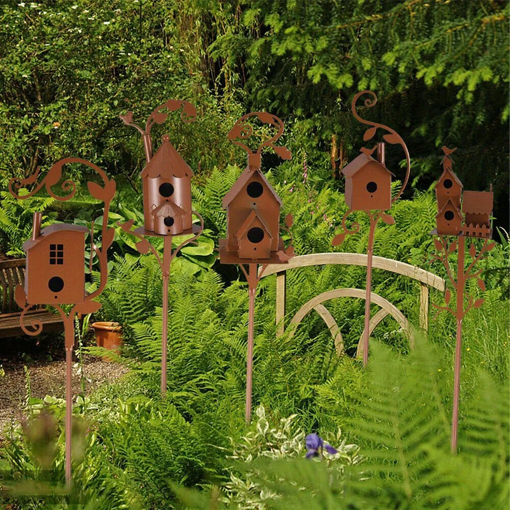Metal Birdhouse Art Stake Outdoor Rustic Bird House Stand Garden Yard Decor