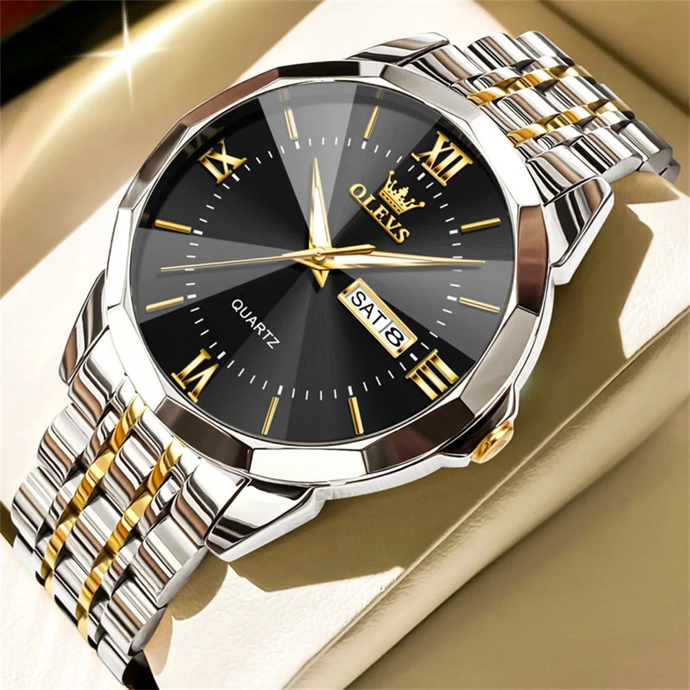 OLEVS Mens Quartz Watch Waterproof Stainless Steel Luminous Dial Date Week Dress
