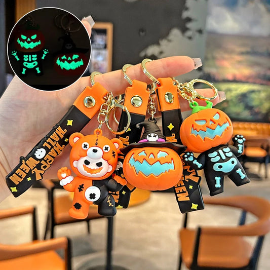 Halloween Glow in the Dark Keychain PVC Cartoon Ghost and Pumpkin Key Rings Festive Birthday Decorative Charms Gift for Friends
