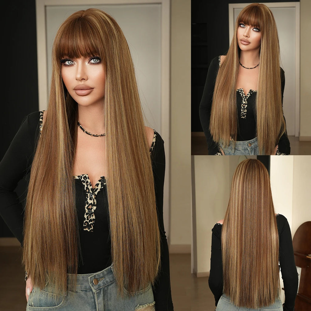 NAMM Synthetic Long Straight Blonde Wig Dark Roots Bangs 26 Inch 150 Density