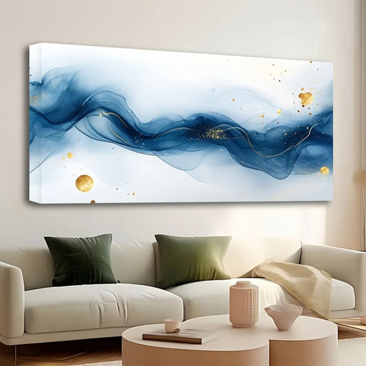 1.5 inch thick pine solid wood frame, living room wall art, large abstract gold and blue gradient painting, interior decoration