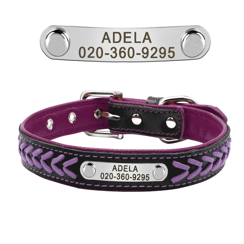 Personalized Dog Collar Leather Padded Braided Collars Free Engraving Pet ID Tag for Small Medium Large Dogs