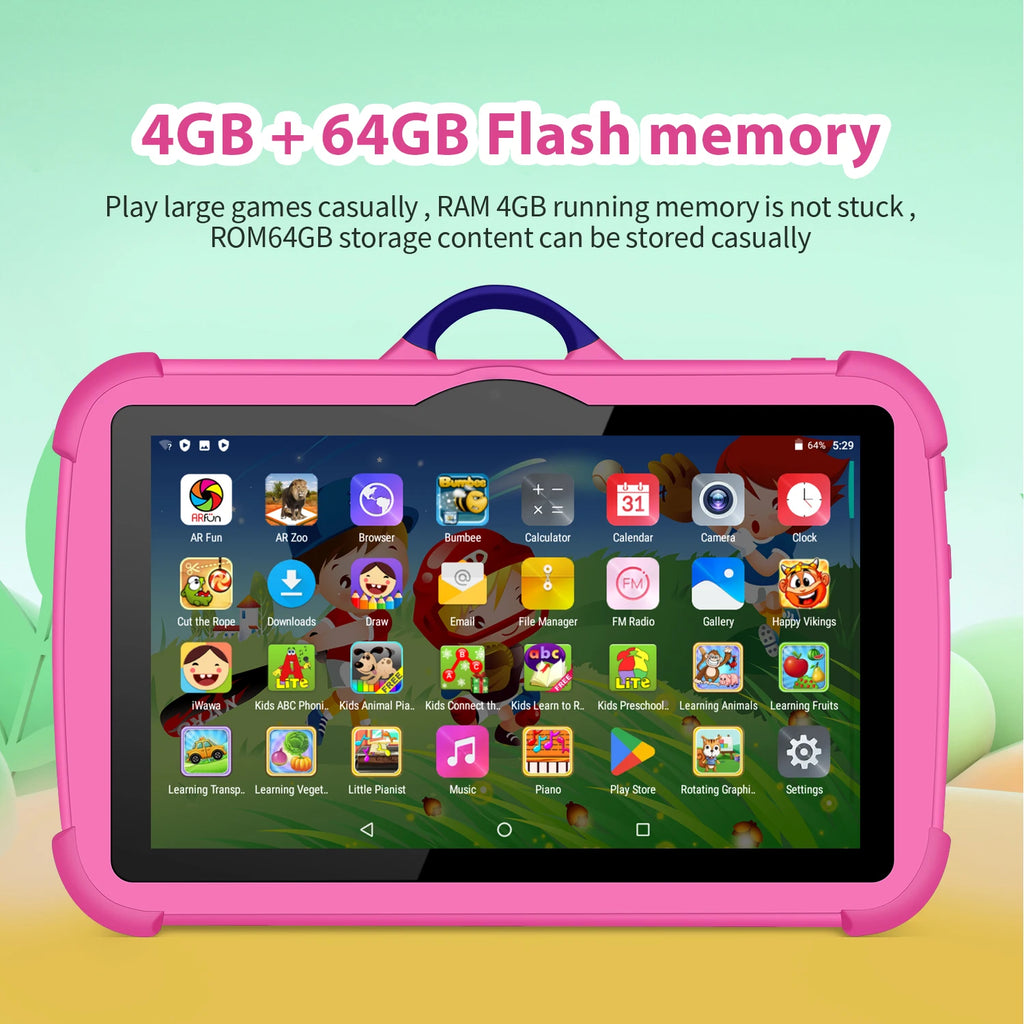 Cartoon Pattern Kids Tablet 7 Inch Quad Core 4GB RAM 64GB ROM Android Education