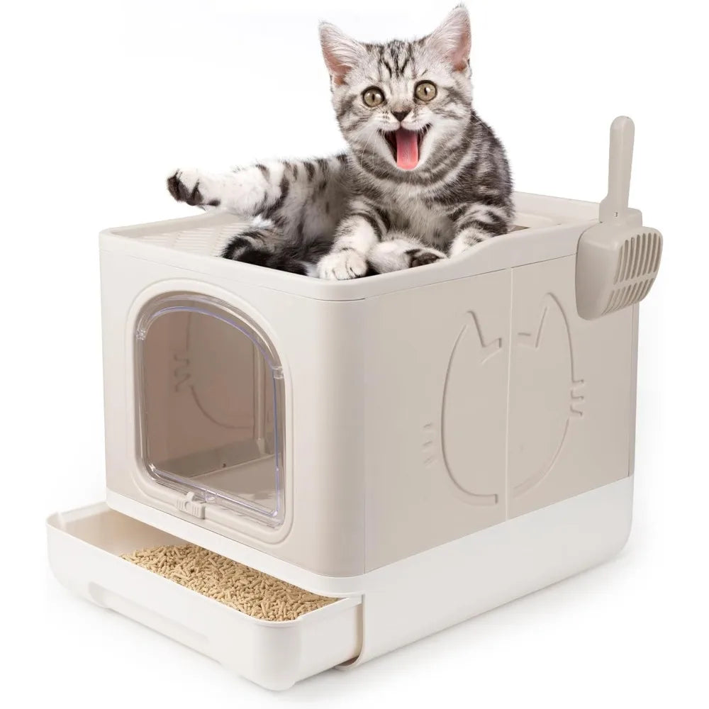 Enclosed Cat Litter Box, Large Covered Litter Box for Cats with Drawer Kitty Litter Pan Top Side Entry Cat Toilet with Lid Easy