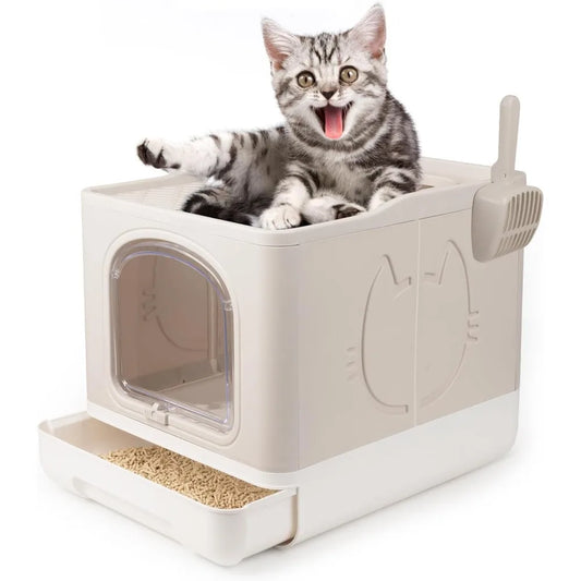 Enclosed Cat Litter Box, Large Covered Litter Box for Cats with Drawer Kitty Litter Pan Top Side Entry Cat Toilet with Lid Easy