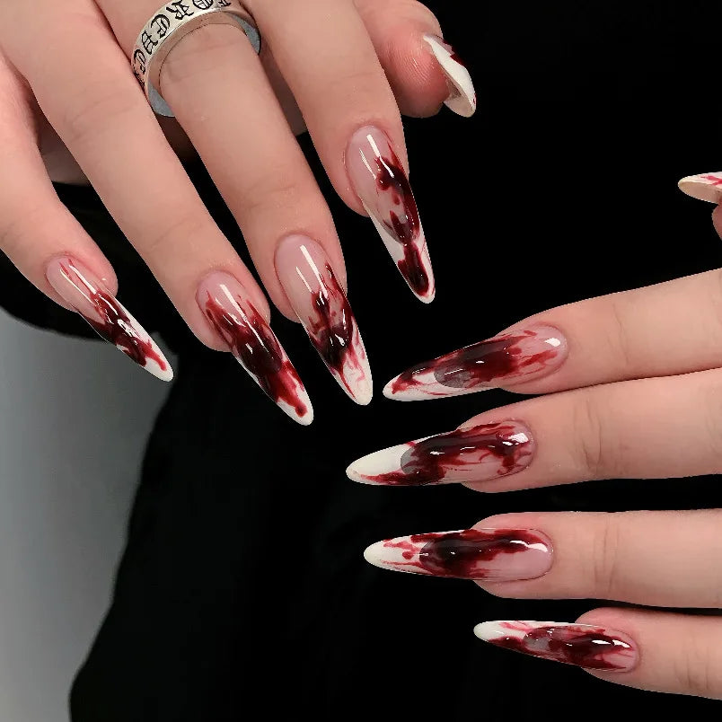 24pcs Glitter Pink Sequins Fake Nails 2025 Halloween Scary Skull Love Print False Nails Wearable European Ballet Press on Nails
