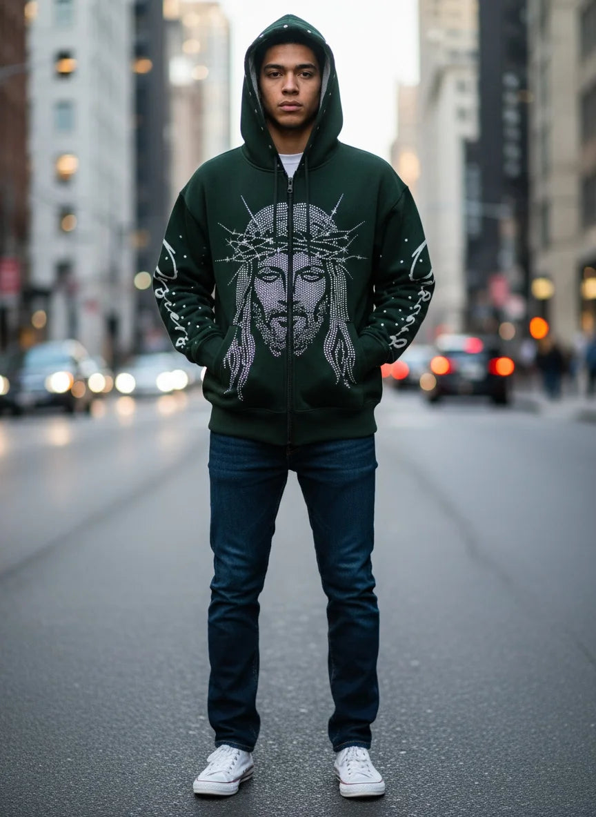 Loose Hoodie With 3D Diamond Pattern Mens Zip Up Street Style Polyester Casual