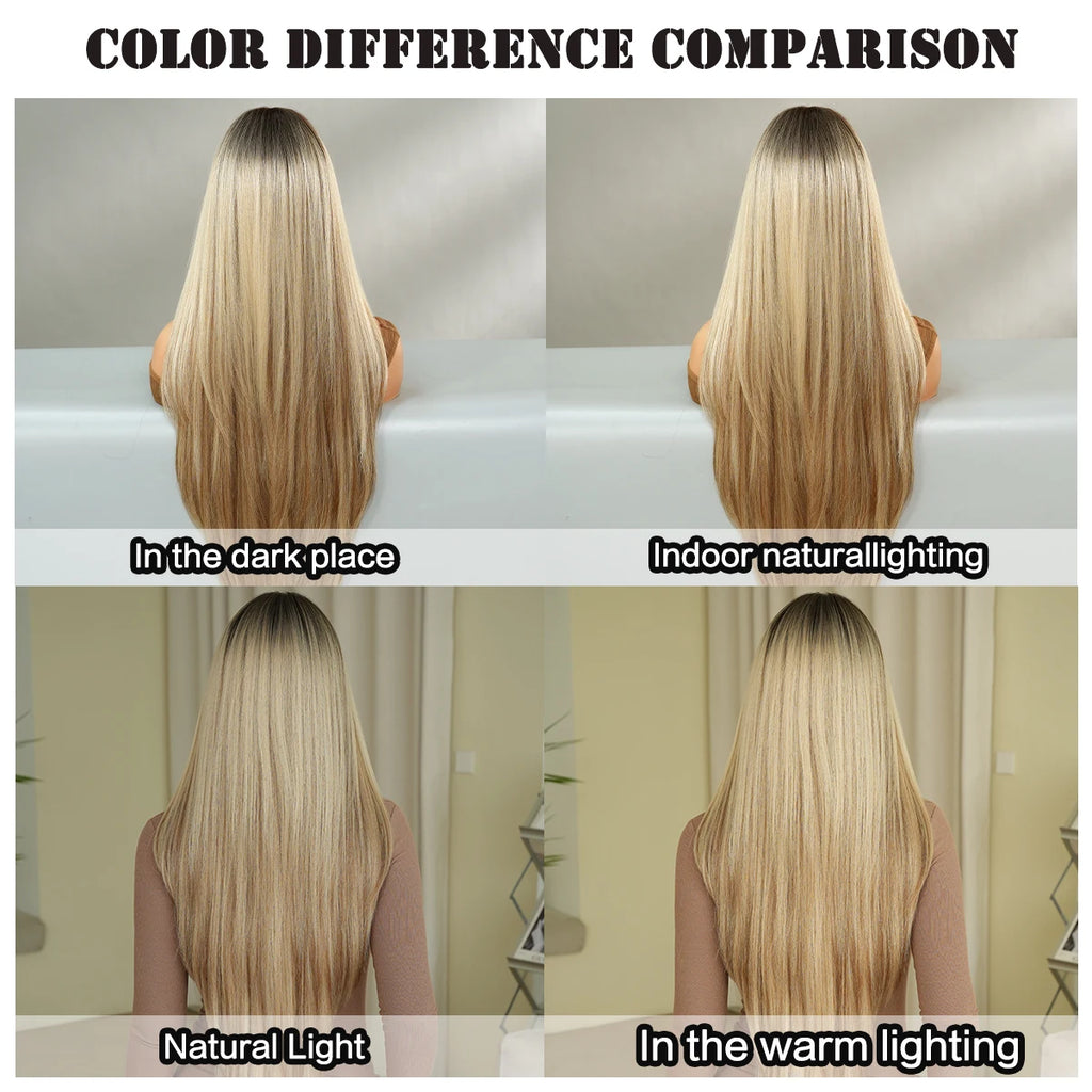 NAMM Synthetic Long Straight Blonde Wig Dark Roots Bangs 26 Inch 150 Density