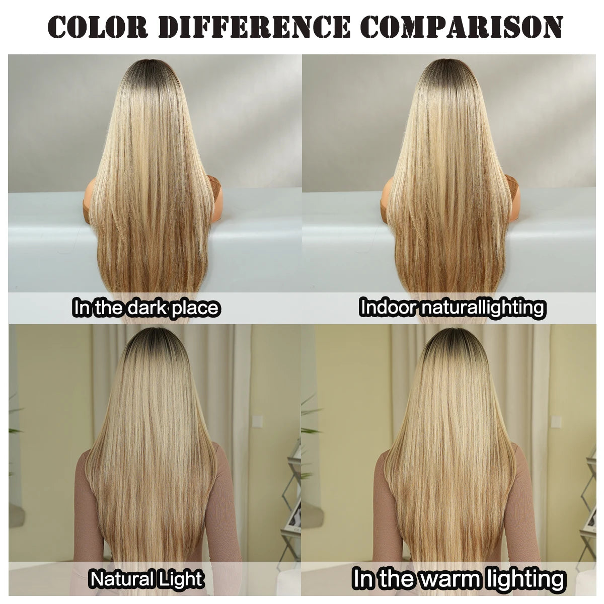 NAMM Synthetic Long Straight Blonde Wig Dark Roots Bangs 26 Inch 150 Density