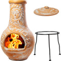 Medium Outdoor Clay Chiminea With Rain Lids And Metal Stands Yellow Terracotta