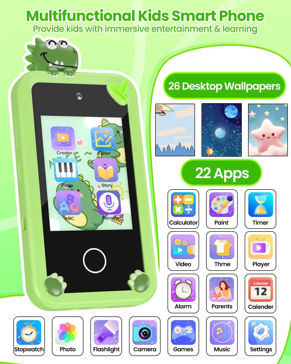 Kids Girl Smartphone with 32G Card Touch Screen Toy Green Dinosaur