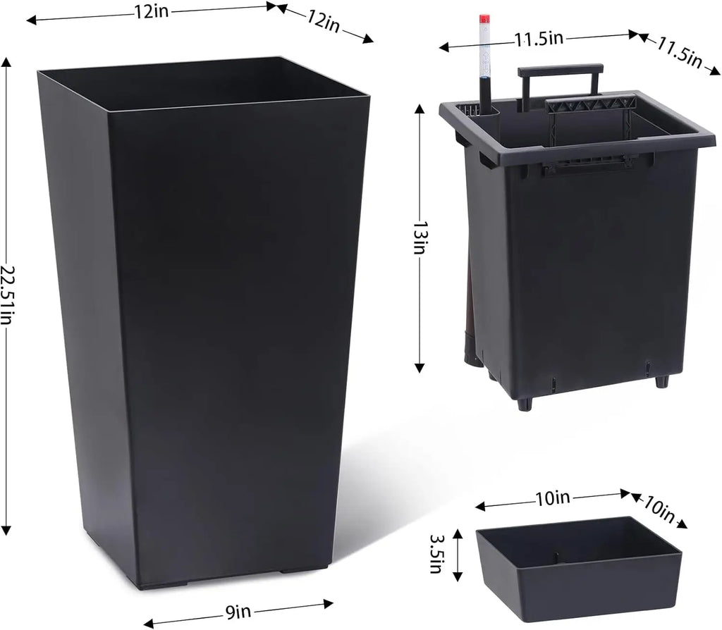 Two Pack 22.4 Inch Tall Black Taper Planters Indoor Outdoor Shelf Insert