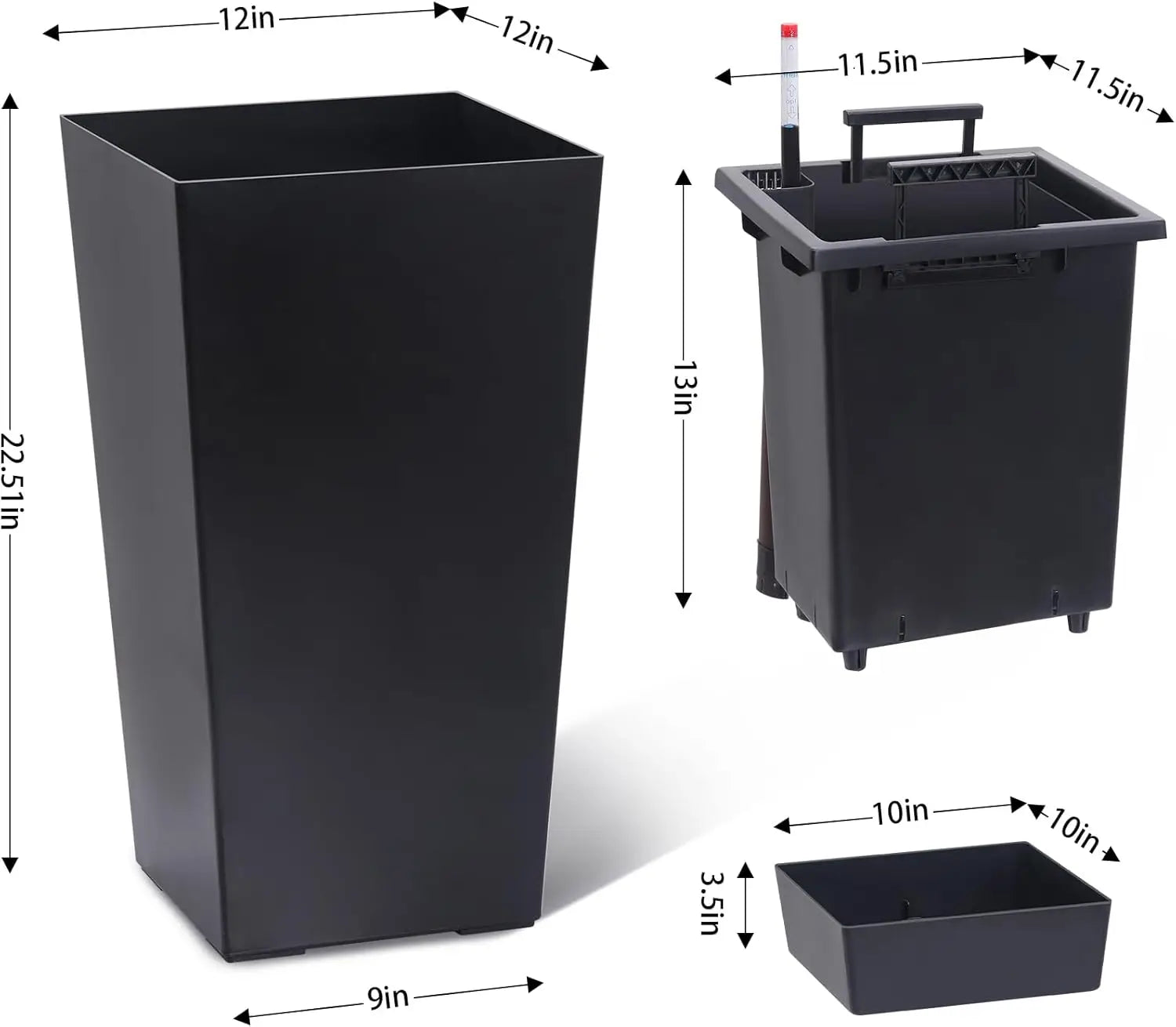 Two Pack 22.4 Inch Tall Black Taper Planters Indoor Outdoor Shelf Insert