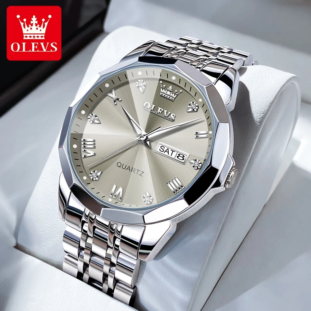 OLEVS Mens Quartz Watch Waterproof Stainless Steel Luminous Dial Date Week Dress